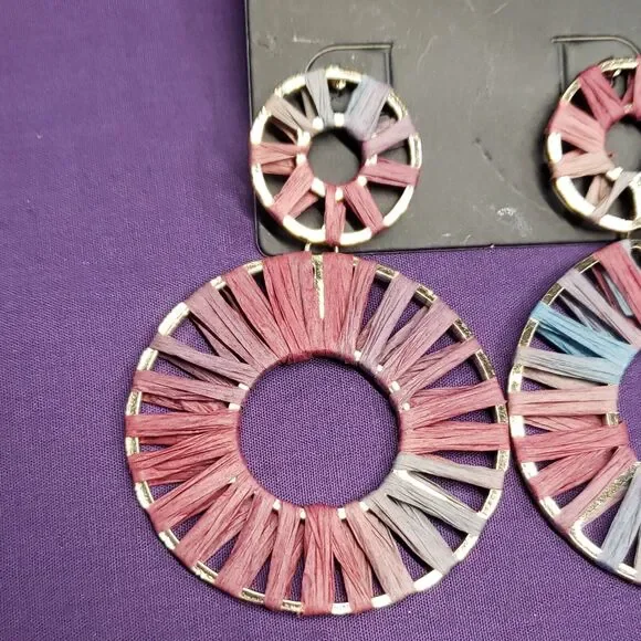 Torrid Dusty Rose Ombre Raffia Circle Statement Earrings Pink Blue - Picture 2 of 7